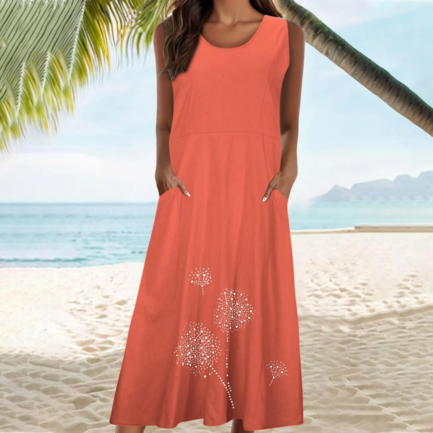 Summer Dresses for Women 2024 Casual Cotton Linen Crewneck Short Sleeve Dress with Pocket Plus Size Boho Long Dress