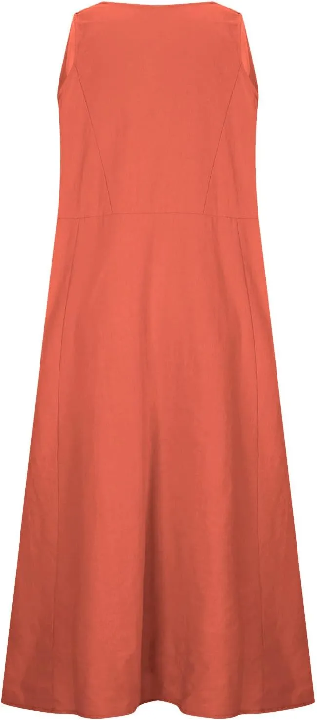 Summer Dresses for Women 2024 Casual Cotton Linen Crewneck Short Sleeve Dress with Pocket Plus Size Boho Long Dress
