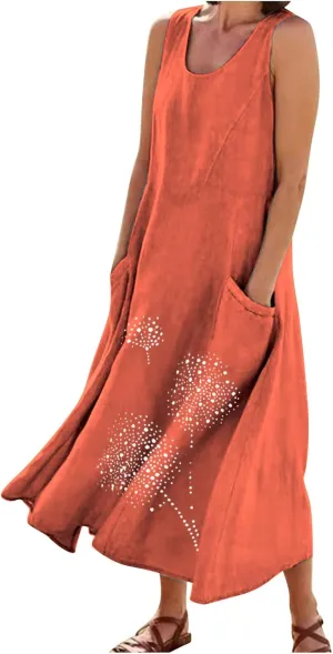 Summer Dresses for Women 2024 Casual Cotton Linen Crewneck Short Sleeve Dress with Pocket Plus Size Boho Long Dress