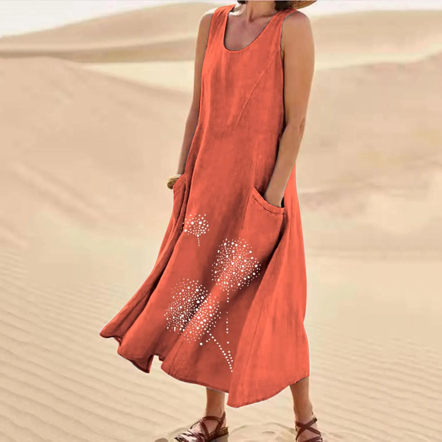 Summer Dresses for Women 2024 Casual Cotton Linen Crewneck Short Sleeve Dress with Pocket Plus Size Boho Long Dress