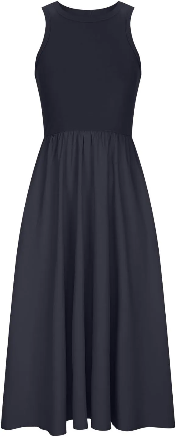 Summer Long Dresses for Women 2024 Crew Neck Solid Color Loose Flowy Dress Sleeveless Beach Sundress Vacation Clothes