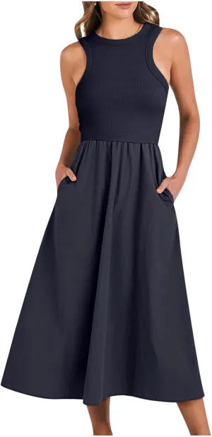 Summer Long Dresses for Women 2024 Crew Neck Solid Color Loose Flowy Dress Sleeveless Beach Sundress Vacation Clothes