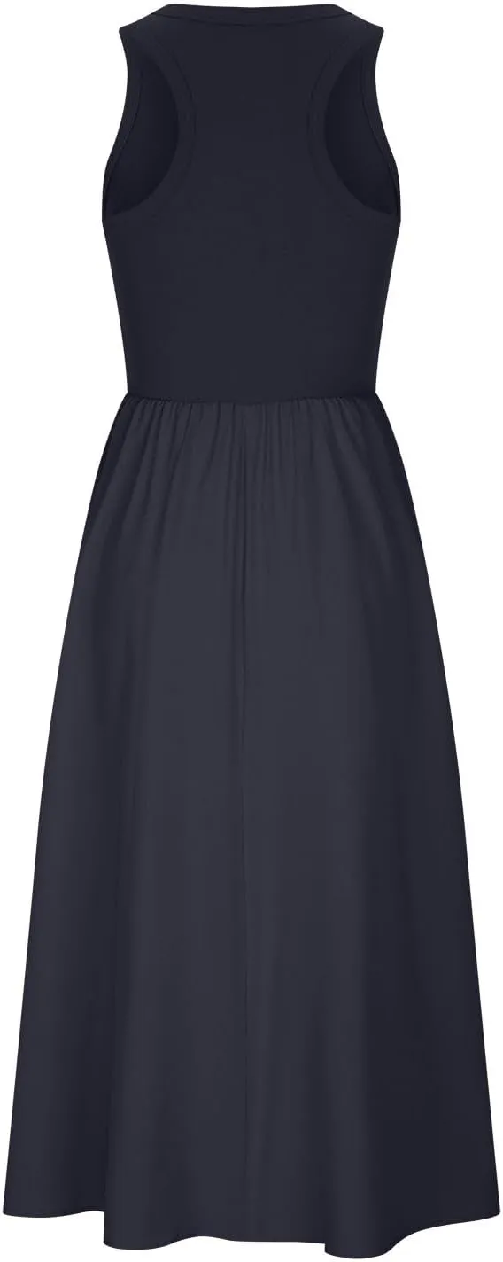Summer Long Dresses for Women 2024 Crew Neck Solid Color Loose Flowy Dress Sleeveless Beach Sundress Vacation Clothes