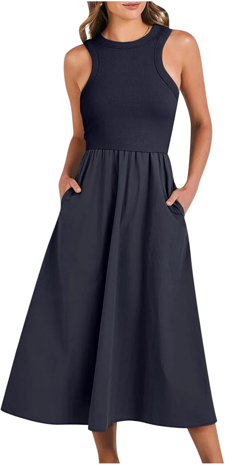 Summer Long Dresses for Women 2024 Crew Neck Solid Color Loose Flowy Dress Sleeveless Beach Sundress Vacation Clothes