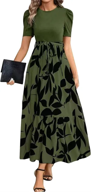 Summer Maxi Dresses for Women 2025 Casual Short Sleeve Floral Dress with Belt Elegant Wedding Guest Long Flowy Sun Dresses