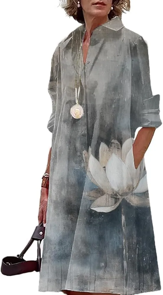 Summer Womens MIdi Button Down Long Sleeve Linen Shirt Dresses V Neck Loose Fitting Plus Size Casual Dress for Women