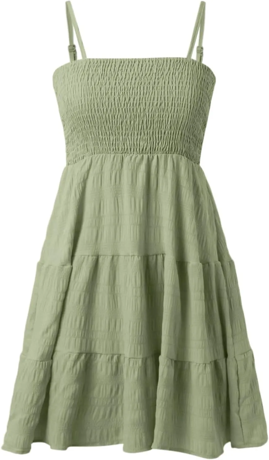 Sundress for Women Cute Spaghetti Strap Smocked Tiered Holiday Casual Summer Boho Flowy Swing Beach A-Line Mini Dress