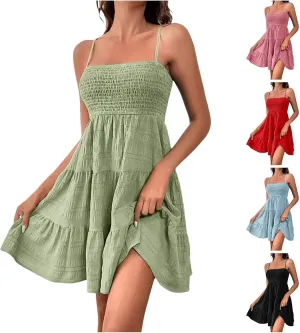 Sundress for Women Cute Spaghetti Strap Smocked Tiered Holiday Casual Summer Boho Flowy Swing Beach A-Line Mini Dress