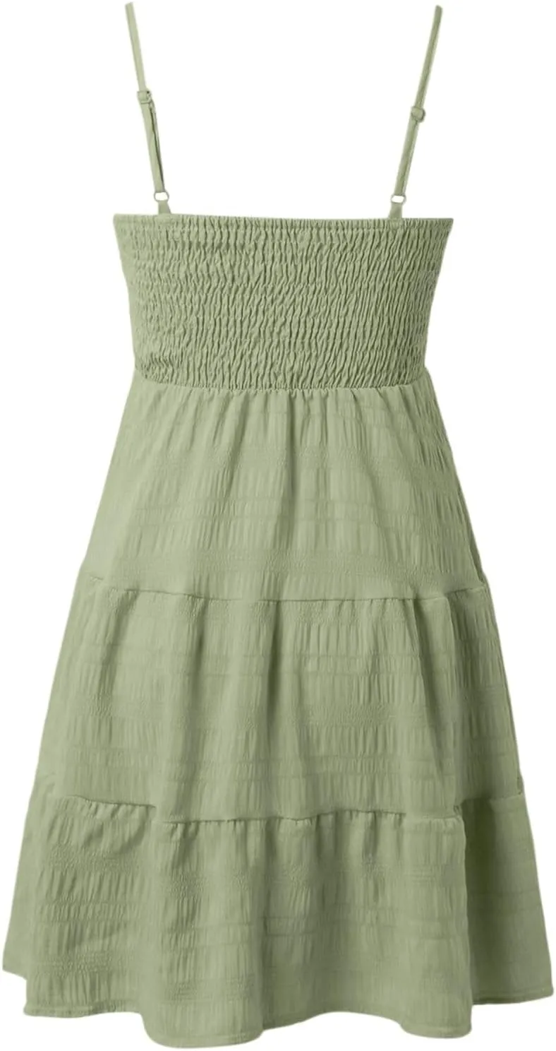 Sundress for Women Cute Spaghetti Strap Smocked Tiered Holiday Casual Summer Boho Flowy Swing Beach A-Line Mini Dress