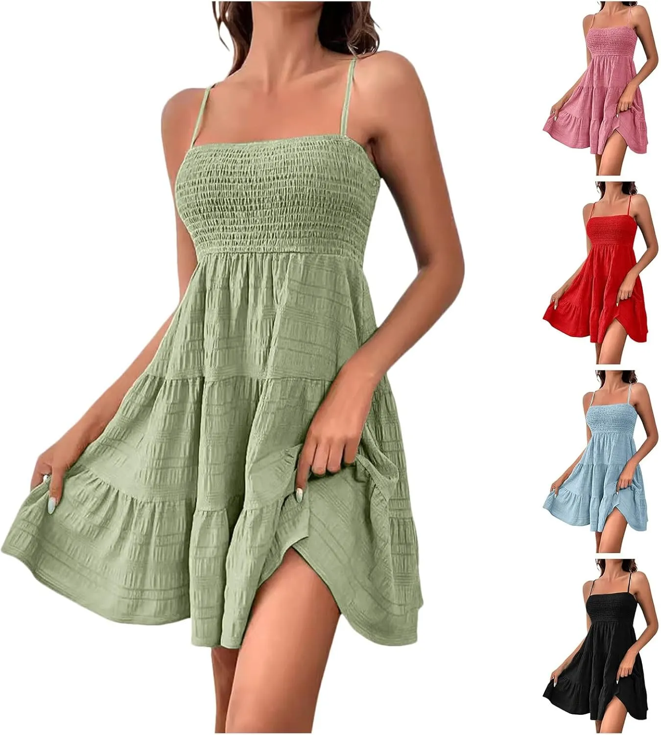 Sundress for Women Cute Spaghetti Strap Smocked Tiered Holiday Casual Summer Boho Flowy Swing Beach A-Line Mini Dress