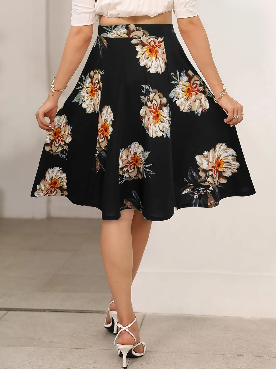 Sureple Skirts for Women Knee Length for Work Fall Elastic High Waist A-Line Flare Skirt Ruffle Hem with Pockets