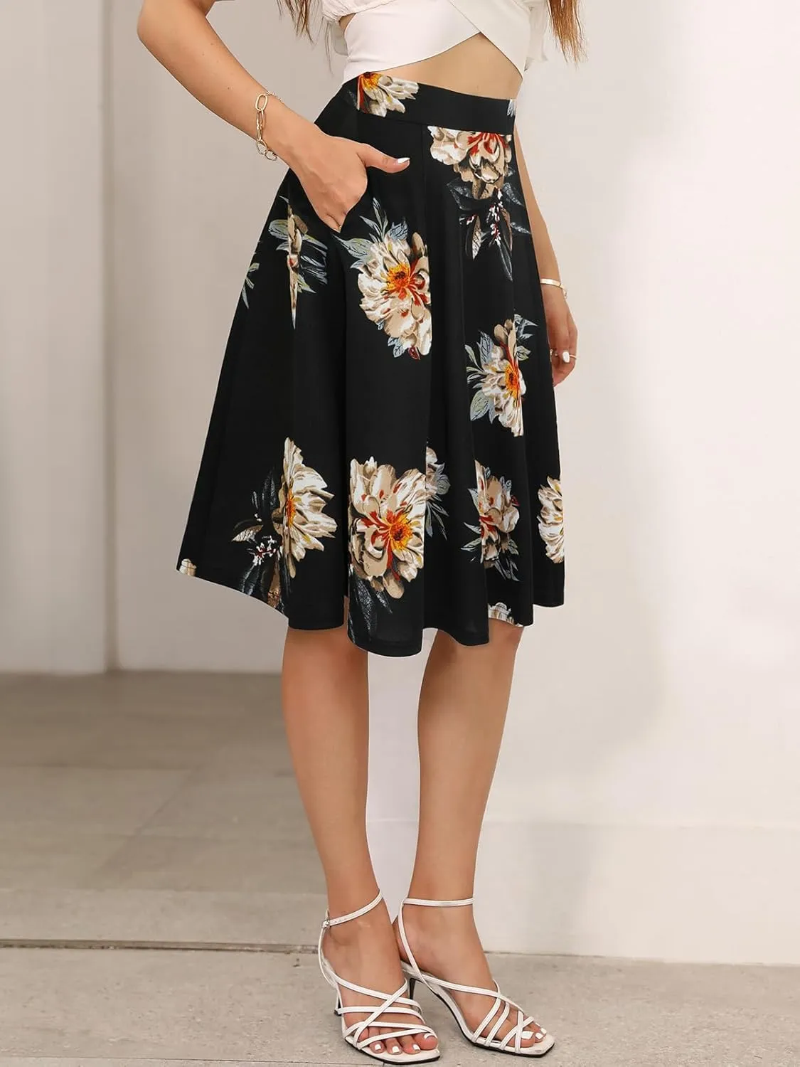 Sureple Skirts for Women Knee Length for Work Fall Elastic High Waist A-Line Flare Skirt Ruffle Hem with Pockets