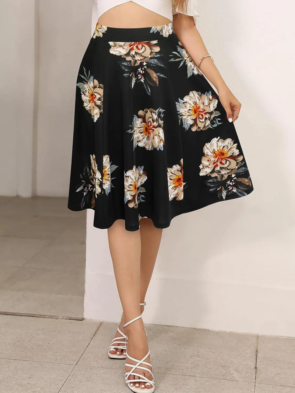 Sureple Skirts for Women Knee Length for Work Fall Elastic High Waist A-Line Flare Skirt Ruffle Hem with Pockets