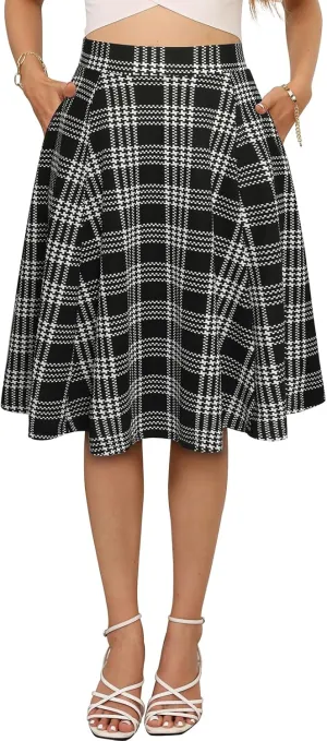 Sureple Skirts for Women Knee Length for Work Fall Elastic High Waist A-Line Flare Skirt Ruffle Hem with Pockets