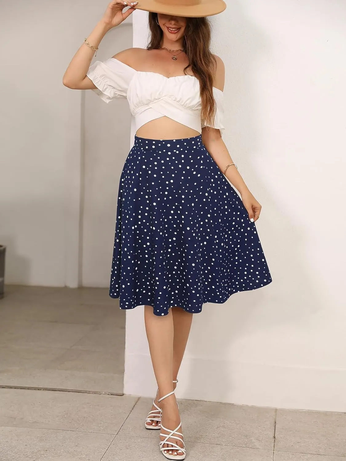Sureple Skirts for Women Knee Length for Work Fall Elastic High Waist A-Line Flare Skirt Ruffle Hem with Pockets