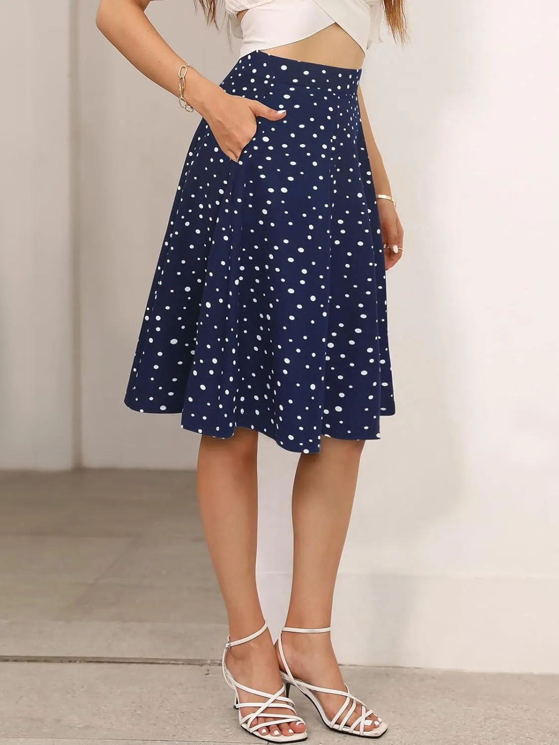 Sureple Skirts for Women Knee Length for Work Fall Elastic High Waist A-Line Flare Skirt Ruffle Hem with Pockets