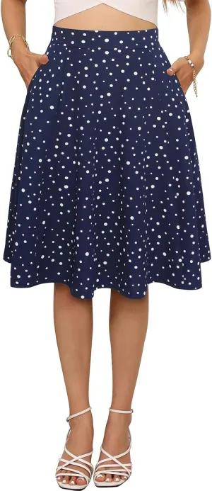 Sureple Skirts for Women Knee Length for Work Fall Elastic High Waist A-Line Flare Skirt Ruffle Hem with Pockets