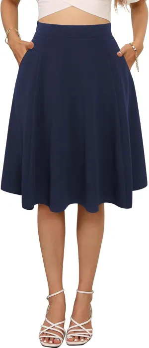 Sureple Skirts for Women Knee Length for Work Fall Elastic High Waist A-Line Flare Skirt Ruffle Hem with Pockets