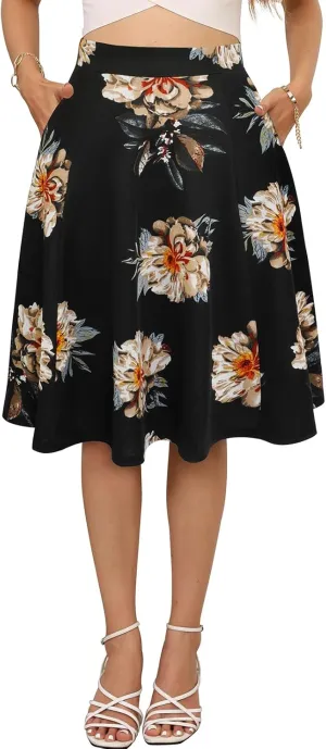 Sureple Skirts for Women Knee Length for Work Fall Elastic High Waist A-Line Flare Skirt Ruffle Hem with Pockets