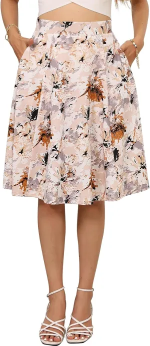 Sureple Skirts for Women Knee Length for Work Fall Elastic High Waist A-Line Flare Skirt Ruffle Hem with Pockets