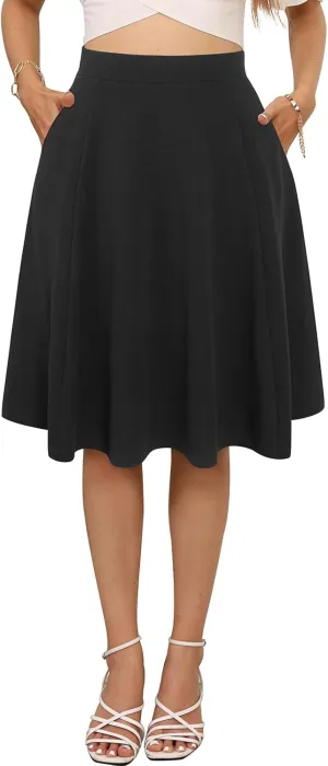 Sureple Skirts for Women Knee Length for Work Fall Elastic High Waist A-Line Flare Skirt Ruffle Hem with Pockets
