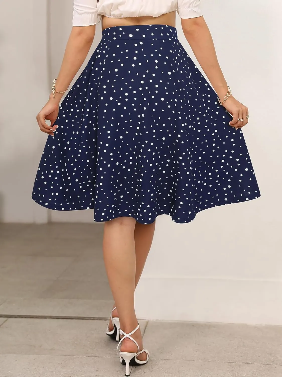 Sureple Skirts for Women Knee Length for Work Fall Elastic High Waist A-Line Flare Skirt Ruffle Hem with Pockets