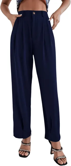 SweatyRocks Women's Casual High Waist Fold Pleated Straight Leg Trousers Work Pants with Pocket