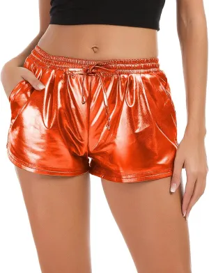 Tandisk Women's Yoga Hot Shorts Shiny Metallic Pants with Elastic Drawstring Orange 2XL