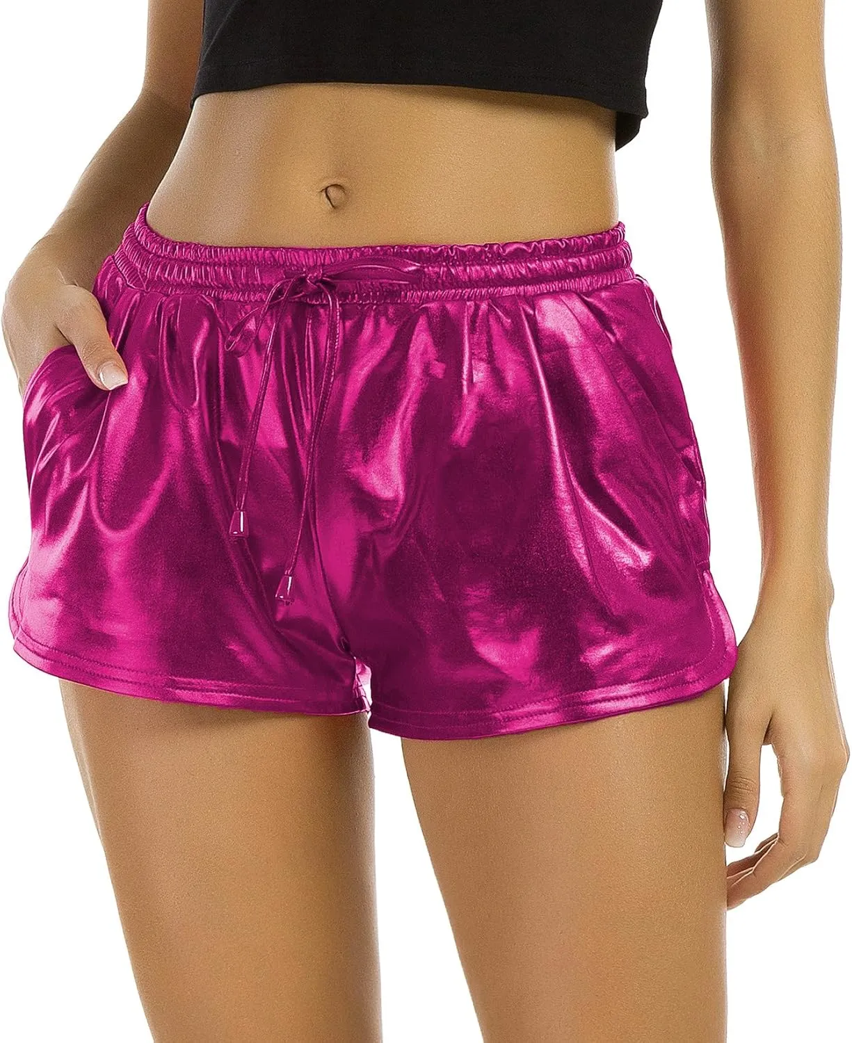 Tandisk Women's Yoga Hot Shorts Shiny Metallic Pants with Elastic Drawstring Rose Red XL