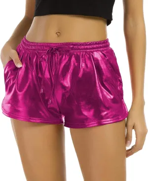 Tandisk Women's Yoga Hot Shorts Shiny Metallic Pants with Elastic Drawstring Rose Red XL