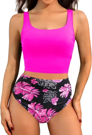 Tempt Me Women Two Piece Tankini Swimsuits - Crop Swim Top with High Waisted Bottom Tummy Control Bathing Suits Swimwear