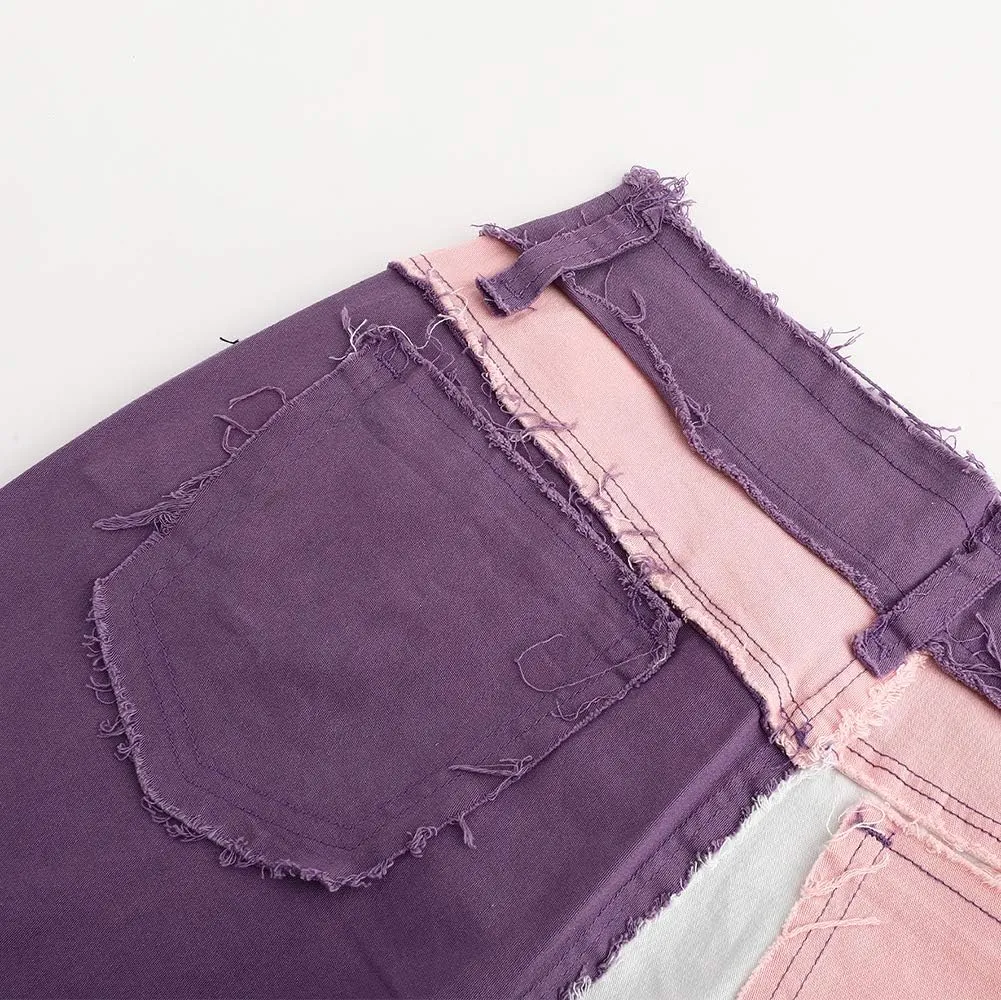 THUNDER STAR Womens Patchwork Straight Leg Jeans Mid Rise Stretch Frayed Denim Pants