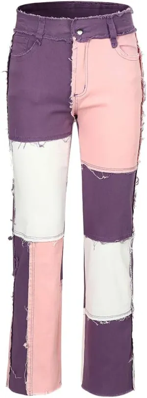 THUNDER STAR Womens Patchwork Straight Leg Jeans Mid Rise Stretch Frayed Denim Pants