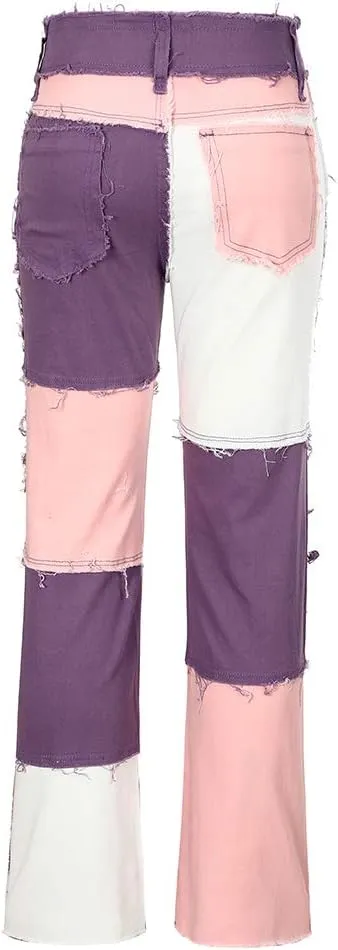 THUNDER STAR Womens Patchwork Straight Leg Jeans Mid Rise Stretch Frayed Denim Pants
