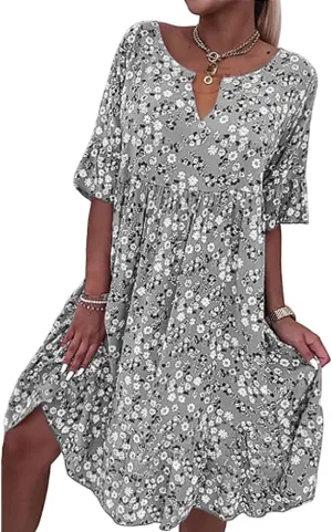 TIAFORD Women's 2023 Boho Floral Printed Short Sleeve Dress Plus Size V Neck Summer Beach Midi Dresses for Women