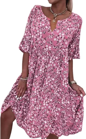 TIAFORD Women's 2023 Boho Floral Printed Short Sleeve Dress Plus Size V Neck Summer Beach Midi Dresses for Women