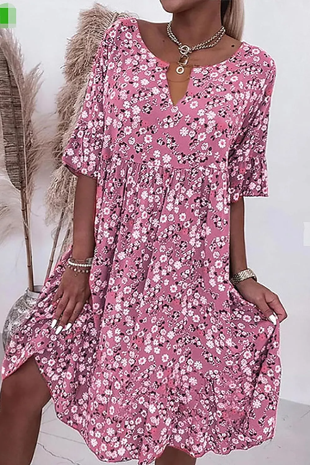 TIAFORD Women's 2023 Boho Floral Printed Short Sleeve Dress Plus Size V Neck Summer Beach Midi Dresses for Women
