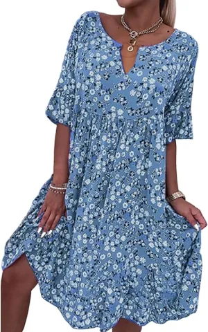TIAFORD Women's 2023 Boho Floral Printed Short Sleeve Dress Plus Size V Neck Summer Beach Midi Dresses for Women