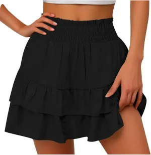 Tiered Ruffle Boho Skirts for Women Summer Cute Mini Skirt Solid Bohemian Vacation Skirts Pleated Short Skirt