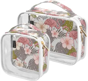 Tropical-flowers Background 2 Pack Clear Toiletry Bag Women Men, Portable Waterproof Clear Pouch, Cosmetic Bag with Double Zippers Large Opening Traveling with Handle for Bathroom Traveling Vacation O