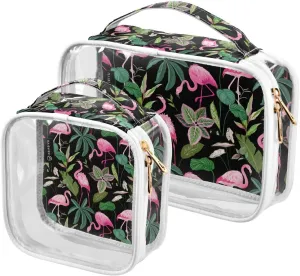 Tropical-print-with-pink-flamingo 2 Pack Clear Toiletry Bag Women Men, Portable Waterproof Clear Pouch, Cosmetic Bag with Double Zippers Large Opening Traveling with Handle for Bathroom Traveling Vaca