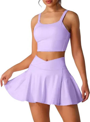 Two Piece Tennis Skirt Sets for Women High Waisted Pleated Skirt Tennis Dress Sports Bra Golf Athletic Workout Outfits