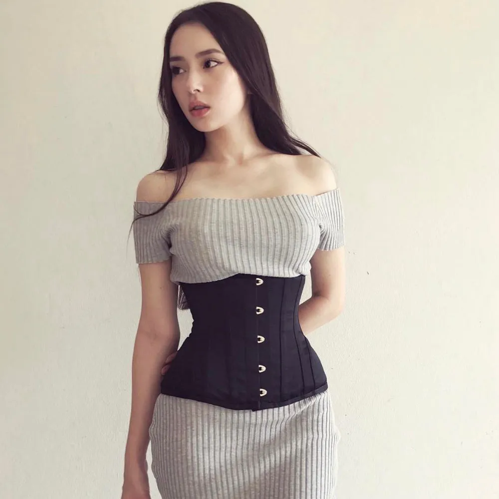 Underbust Waist Trainer In Black Cotton Twill -Curved Hem And Hip Panels