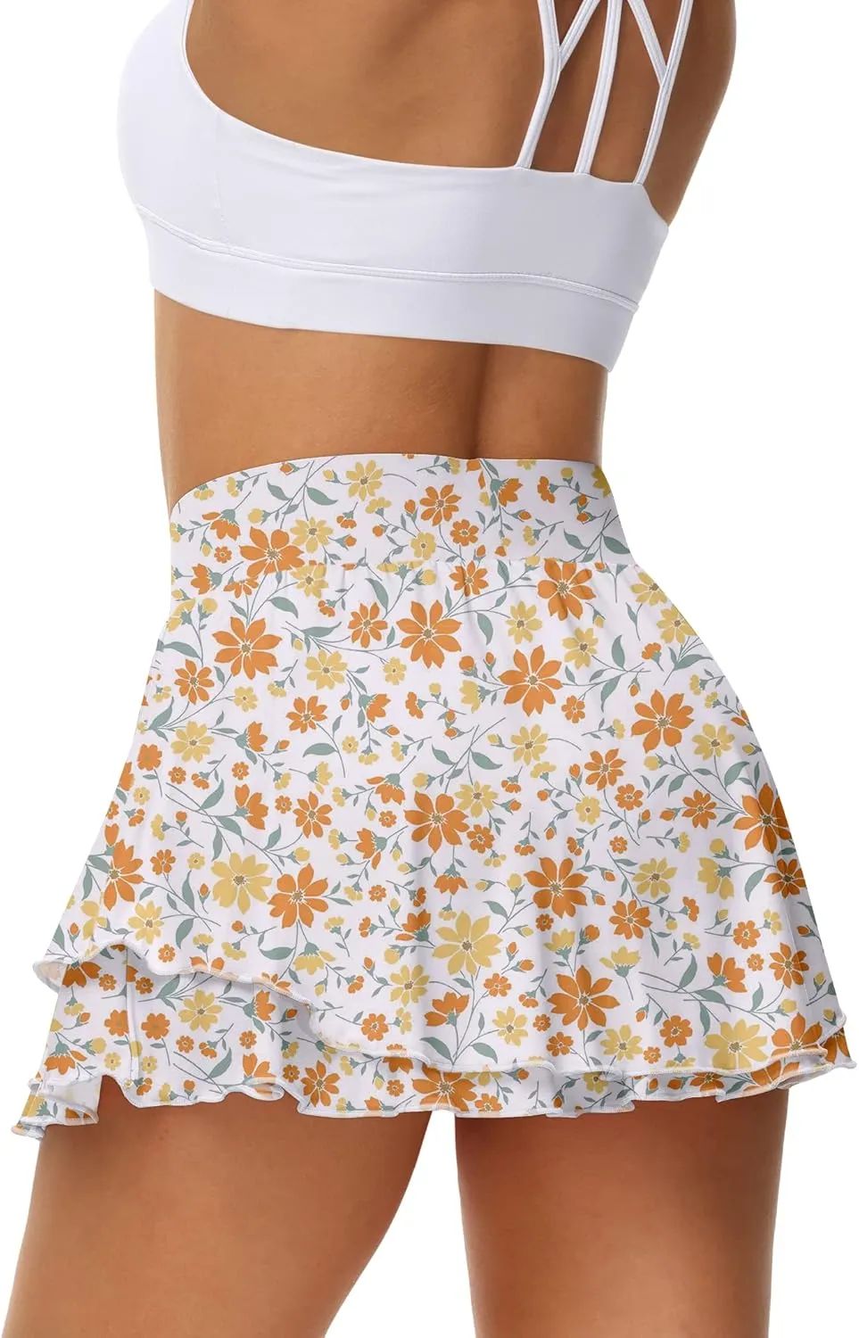 UrKeuf Women's Athletic Tennis Skirts with Pockets 13in Ruffle Golf Running Workout Ice Silk Flowy Skorts with Sports Shorts