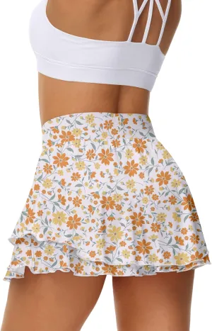 UrKeuf Women's Athletic Tennis Skirts with Pockets 13in Ruffle Golf Running Workout Ice Silk Flowy Skorts with Sports Shorts