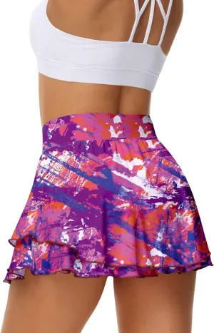 UrKeuf Women's Athletic Tennis Skirts with Pockets 13in Ruffle Golf Running Workout Ice Silk Flowy Skorts with Sports Shorts