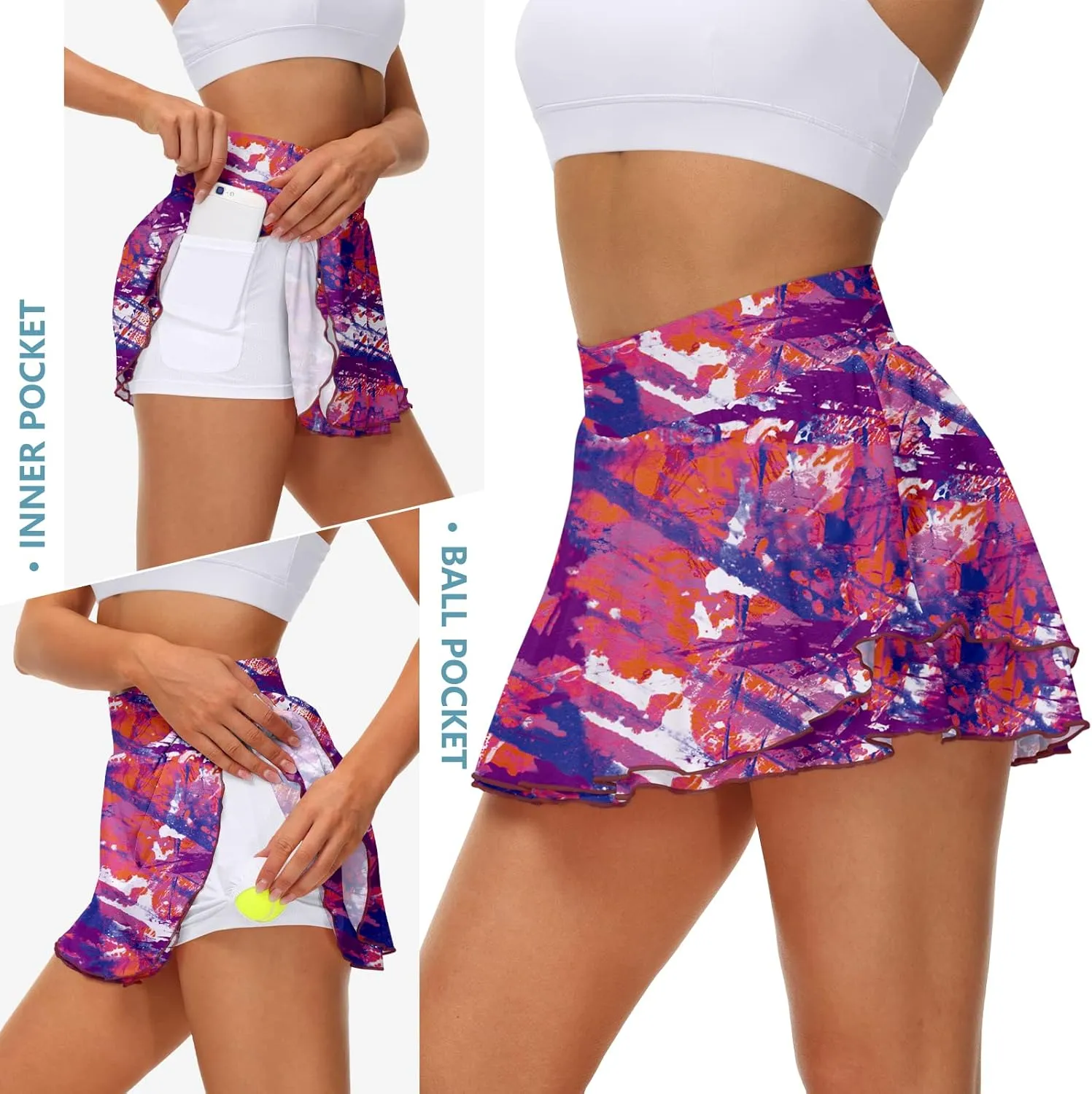 UrKeuf Women's Athletic Tennis Skirts with Pockets 13in Ruffle Golf Running Workout Ice Silk Flowy Skorts with Sports Shorts