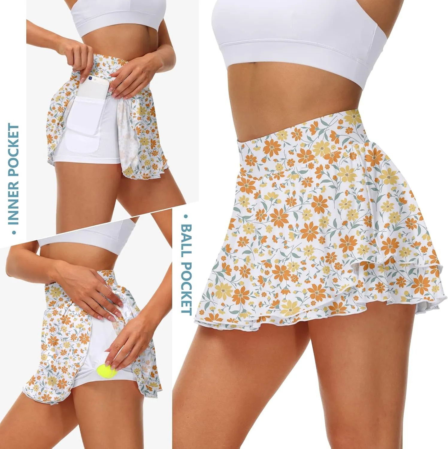 UrKeuf Women's Athletic Tennis Skirts with Pockets 13in Ruffle Golf Running Workout Ice Silk Flowy Skorts with Sports Shorts