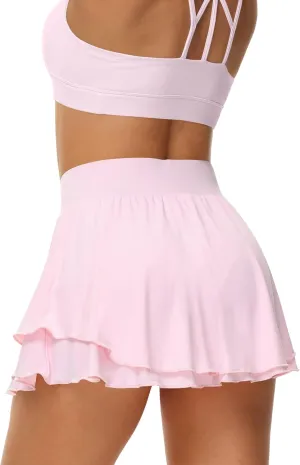 UrKeuf Women's Athletic Tennis Skirts with Pockets 13in Ruffle Golf Running Workout Ice Silk Flowy Skorts with Sports Shorts