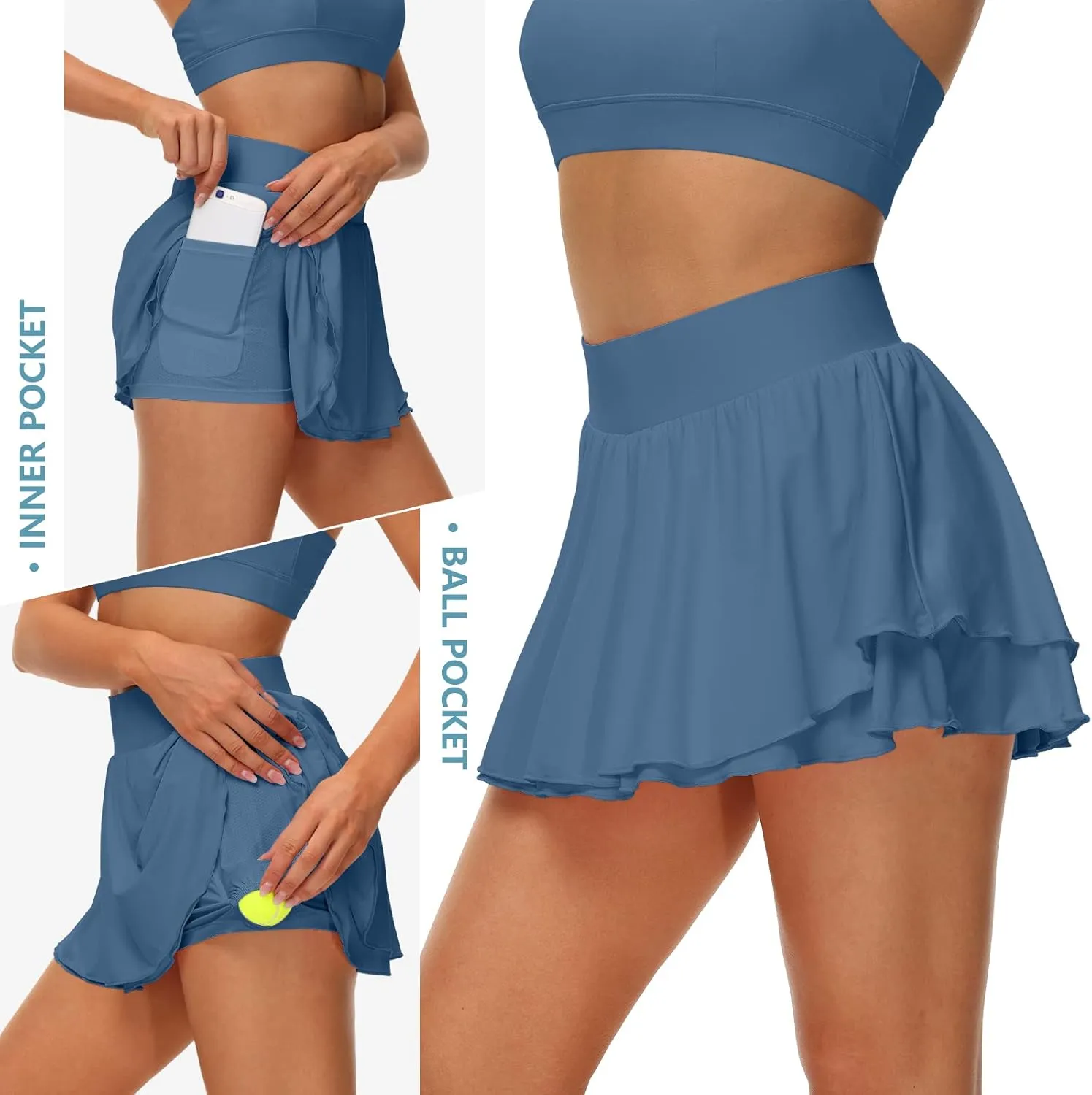 UrKeuf Women's Athletic Tennis Skirts with Pockets 13in Ruffle Golf Running Workout Ice Silk Flowy Skorts with Sports Shorts